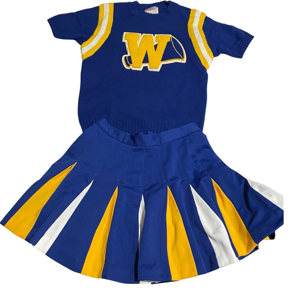 Vintage Cheerleader Supply Co Blue Gold Uniform Set Sweater W Patch Skirt Orlon